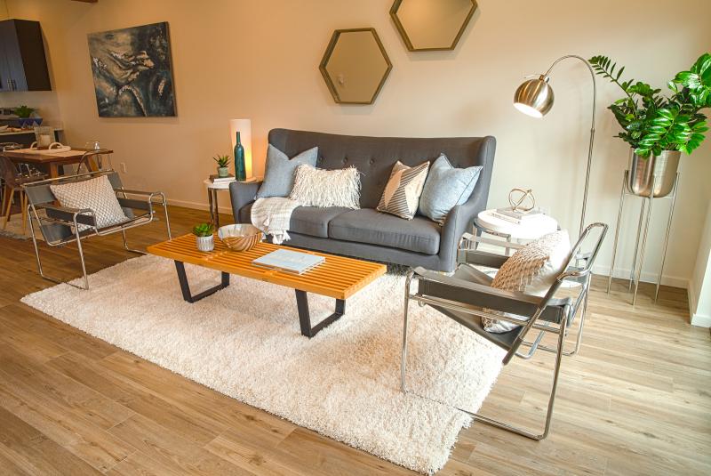 Spacious living room with sofa, coffee table, and decor