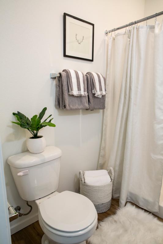 Bathroom with toilet and white curtain